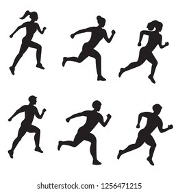 Silhouette of running men and women on white background. Vector set of isolated silhouettes. Vector illustration