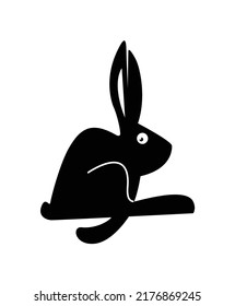 Silhouette of a running rabbit. The rabbit is the symbol of 2023. Stylization of a rabbit for a logo. Jumping frightened rabbit. Black and white illustration in flat cartoon graphic style.