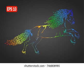 Silhouette of running rainbow horse over a dark background, vector