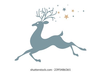 Silhouette of a running reindeer with stars in vector. Christmas deer in vector.