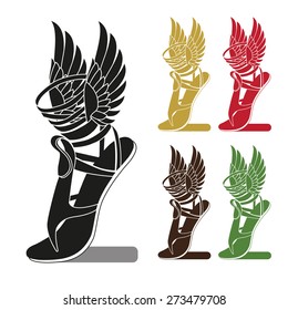 Silhouette Running Shoe With Wings. Symbol Of Trade. Profit Or Sport. Template To Icon, Logo, Print, With Options For Color. Isolated Vector Set. Shoe With Wings Charm. Shoe With Wings Brand.