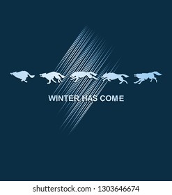 Silhouette of a running snow wolf. Dark blue background. Vector image. Sticker emblem. Design for textiles, printing on fabric or paper.