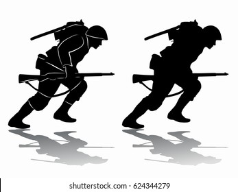 Silhouette Of A Running Soldier, Black And White Drawing, White Background