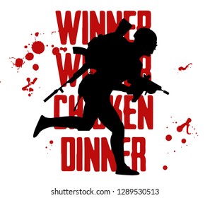 Silhouette Of A Running Soldier, Man In Uniform. Vector Illustration Logo And Text Winner Winner Chicken Dinner. Battle Royal Concept 