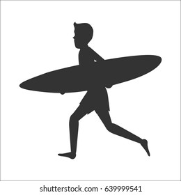 Silhouette of a running surfer man with surfboard