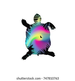 Silhouette of running turtle with coniferous trees on the background of colorful sky.  Northern lights. Pink and blue tones.