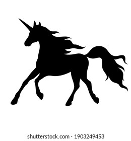 Silhouette of a running unicorn. Black image on a white background. Element for creating design and decoration.