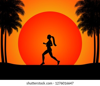 The silhouette of the running woman in the beach in front of the sunset, with palm trees. Vector eps 10.