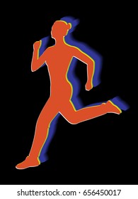 silhouette of a running woman, color drawing, black background