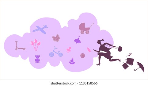 silhouette of a running woman to the pink cloud with toys. Happy motherhood poster