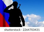 Silhouette of russian soldier on background of sky and Russian flag. Military recruitment concept. EPS10 vector