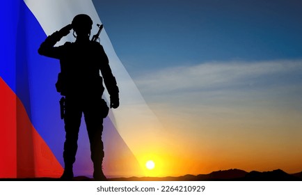 Silhouette of russian soldier on background of sunset with the Russian flag. Military recruitment concept. EPS10 vector