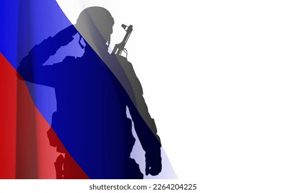 Silhouette de un soldado ruso de fondo blanco con bandera rusa. Concepto de reclutamiento militar. Vector EPS10