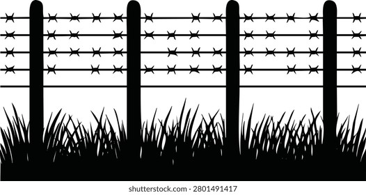 Silhouette of a rustic barbed wire fence separating lush green grass symbolizing division and protection for agricultural or property use.