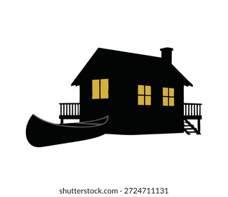Silhouette of a rustic cabin with a canoe docked beside it, evoking a sense of peaceful retreat