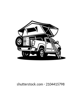 silhouette of RV, pick up camper truck with roof tent vector