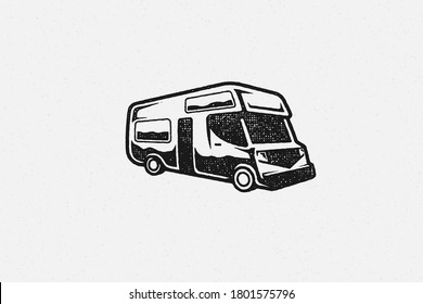 Silhouette of rv trailer for journey in countryside designed as symbol tourism hand drawn stamp effect vector illustration. Vintage grunge texture on old paper for poster or label decoration.