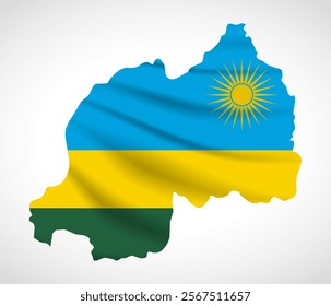 Silhouette of Rwanda map filled with the Rwandan flag design, symbolizing national pride, cultural heritage, and geographic identity.  
