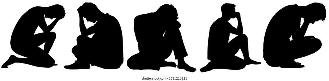 Silhouette of Sad Depressed People Sitting Alone in Grief and Anxiety | Mental Health, Depression, and Loneliness Concept

