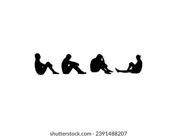 Silhouette of sad and depressed person. Set of sitting sad young man and woman silhouette.