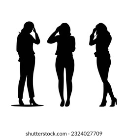  Silhouette sad and depressed woman standing  on white background.