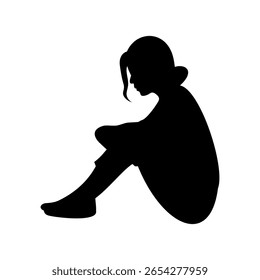 Silhouette of a sad girl, Depressed woman sitting alone, Illustration.