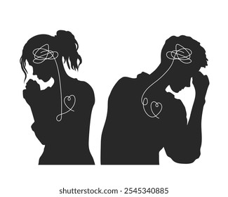 Silueta de chico y chica triste. Retratos de hombre y mujer en estrés. Dibujo de un libro sobre psicología. Salud mental. Encontrar el camino al corazón. Ilustración vectorial