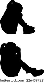 Silhouette of sad little girl sitting on a hill. Conceptual image. Vector Silhouette