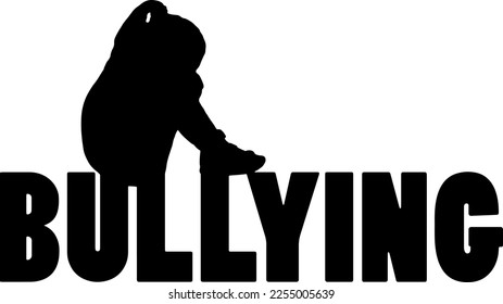 Silhouette of a sad and lonely girl child sitting on the word bullying against the sky. Vector Silhouette. Conceptual image of bullying children