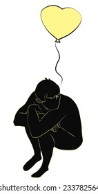 Silhouette of a sad man with a heart balloon, vector illustration