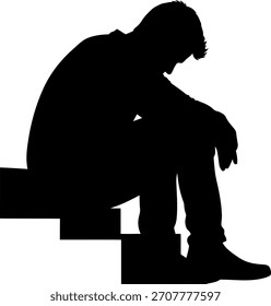 Silhouette of a sad man sitting alone on steps, feeling depressed