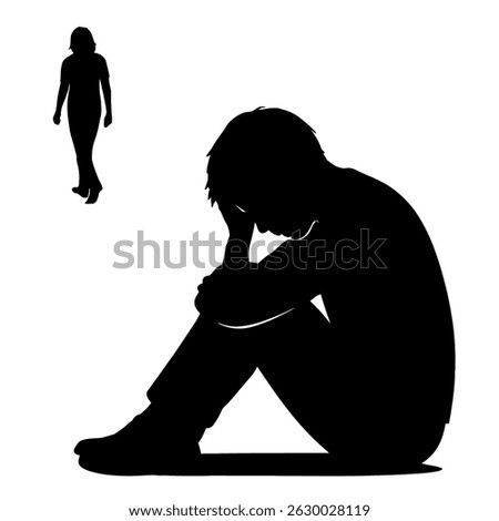 Silhouette of sad man sitting alone after breakup with woman leaving in depression and sorrow concept