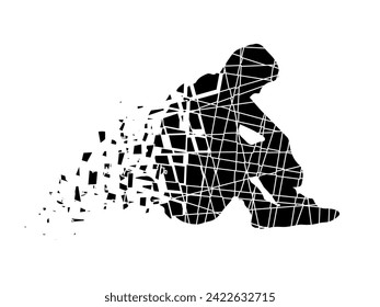 Silhouette Of Sad Man Sitting On Floor Alone. EPS10 Vector