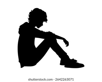 Silhouette of a Sad Teenager Sitting Down, silhouette of a young person sitting dejectedly, head bowed, and arms resting on their knees, pensive, thoughtful, sitting, profile, young adult, illustratio