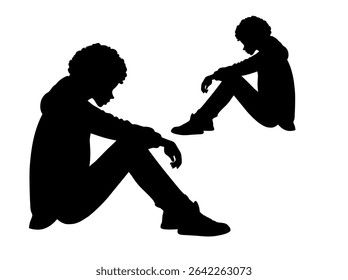 Silhouette of a Sad Teenager Sitting Down, silhouette of a young person sitting dejectedly, head bowed, and arms resting on their knees, pensive, thoughtful, sitting, profile, young adult, illustratio