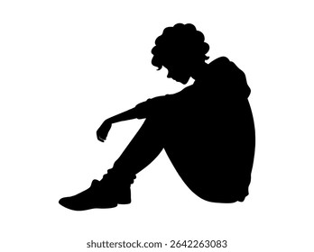 Silhouette of a Sad Teenager Sitting Down, silhouette of a young person sitting dejectedly, head bowed, and arms resting on their knees, pensive, thoughtful, sitting, profile, young adult, illustratio