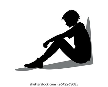 Silhouette of a Sad Teenager Sitting Down, silhouette of a young person sitting dejectedly, head bowed, and arms resting on their knees, pensive, thoughtful, sitting, profile, young adult, illustratio