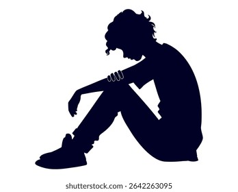 Silhouette of a Sad Teenager Sitting Down, silhouette of a young person sitting dejectedly, head bowed, and arms resting on their knees, pensive, thoughtful, sitting, profile, young adult, illustratio