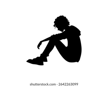 Silhouette of a Sad Teenager Sitting Down, silhouette of a young person sitting dejectedly, head bowed, and arms resting on their knees, pensive, thoughtful, sitting, profile, young adult, illustratio