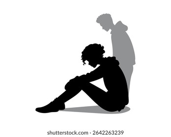 Silhouette of a Sad Teenager Sitting Down, silhouette of a young person sitting dejectedly, head bowed, and arms resting on their knees, pensive, thoughtful, sitting, profile, young adult, illustratio