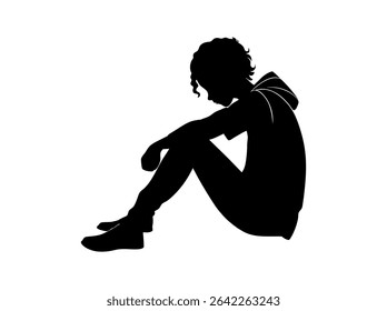 Silhouette of a Sad Teenager Sitting Down, silhouette of a young person sitting dejectedly, head bowed, and arms resting on their knees, pensive, thoughtful, sitting, profile, young adult, illustratio