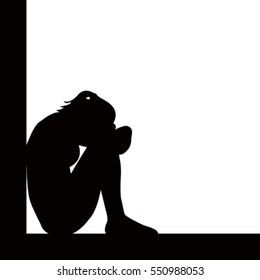 Silhouette Of Sad Woman On White Background