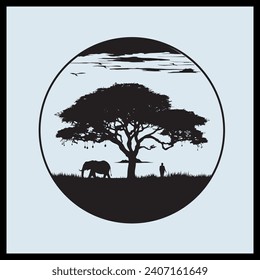 Silhouette Safari Sunset Clip art, An African safari animal silhouette landscape