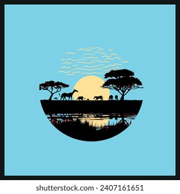 Silhouette Safari Sunset Clip art, An African safari animal silhouette landscape