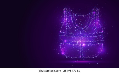 Silhouette of a safety vest made of glowing, multicolored dots, resembling stars. The particles form its protective shape, symbolizing caution, visibility, and workplace safety.