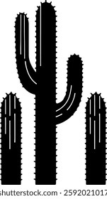 Silhouette of Saguaro Cactus with Two Upward-Curving Arms and Desert Shrubs - Iconic Desert Scene