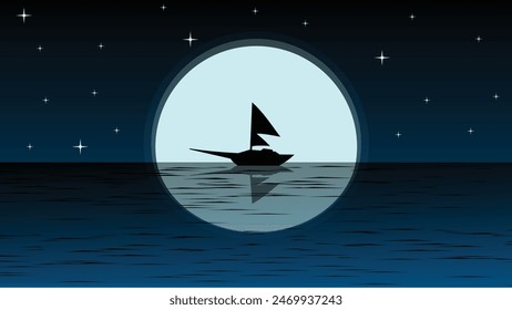 Silueta de un velero que navega en el agua reflejando una luna llena brillante y cielo estrellado