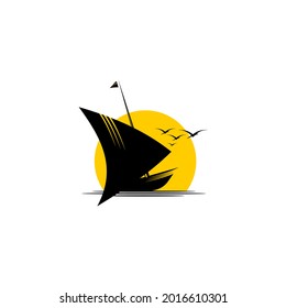silhouette of a sailboat in the evening sun and some birds