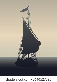 
Silhouette of a sailboat with a flag in the wind, color vector illustration in beige and gray tones, for decorating your designs in the style of marine romance and travel