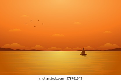 Silhouette sailboat in flat icon design and sunset sky background (vector)
